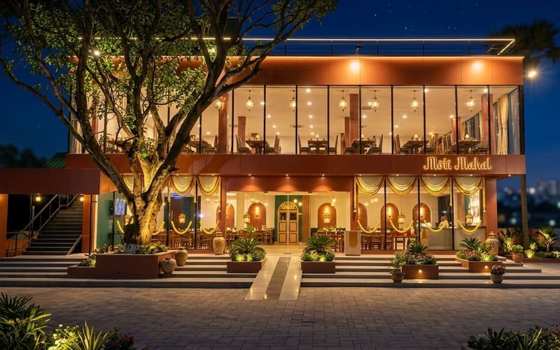 Moti Mahal's facade after dark