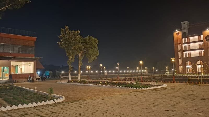 Lamplit paths and trees on the grounds at night